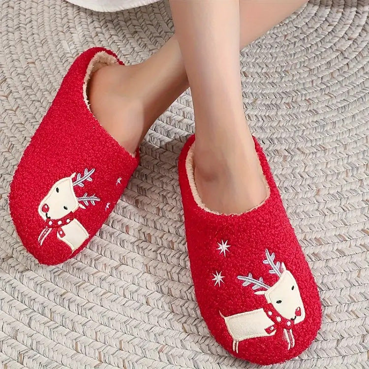 Red Reindeer Slippers - Fleece-Lined