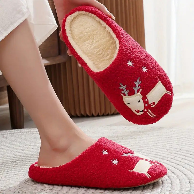 Red Reindeer Slippers - Fleece-Lined