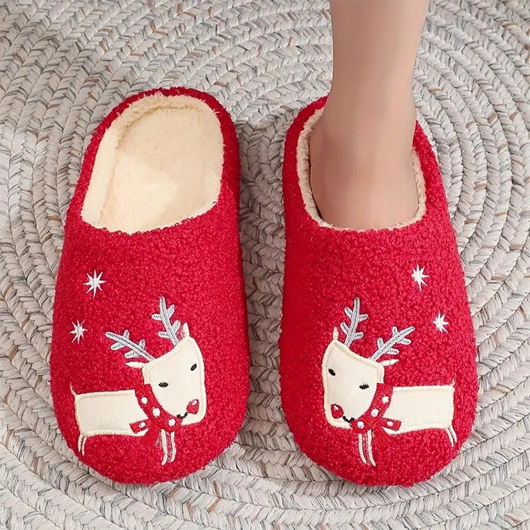 Red Reindeer Slippers - Fleece-Lined