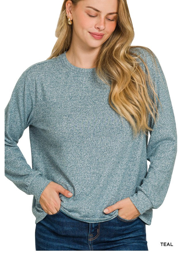 Top Soft Melange Hacci Long Sleeve - Teal - PinkPro Beauty Supply