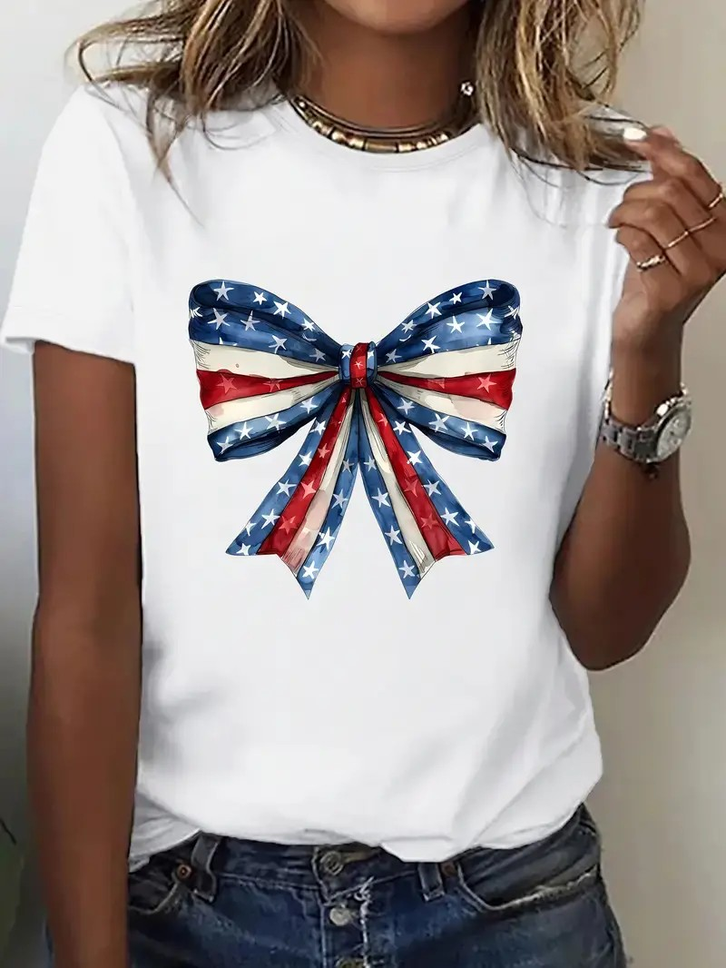 Graphic T-Shirt American Flag Bow White PinkPro Beauty Supply
