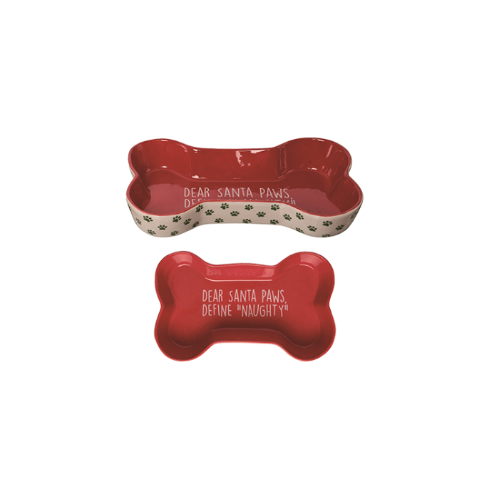 Holiday Pet Bowl Bone Shape - Dear Santa Paws Red