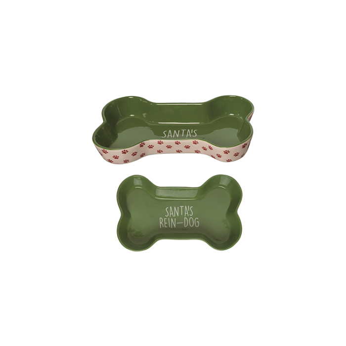 Holiday Pet Bowl Bone Shape - Dear Santa Paws Green